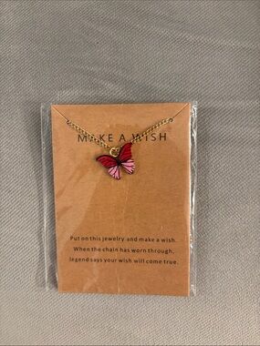 Gold Chain Necklace with Pink & Red Butterfly Pendant
